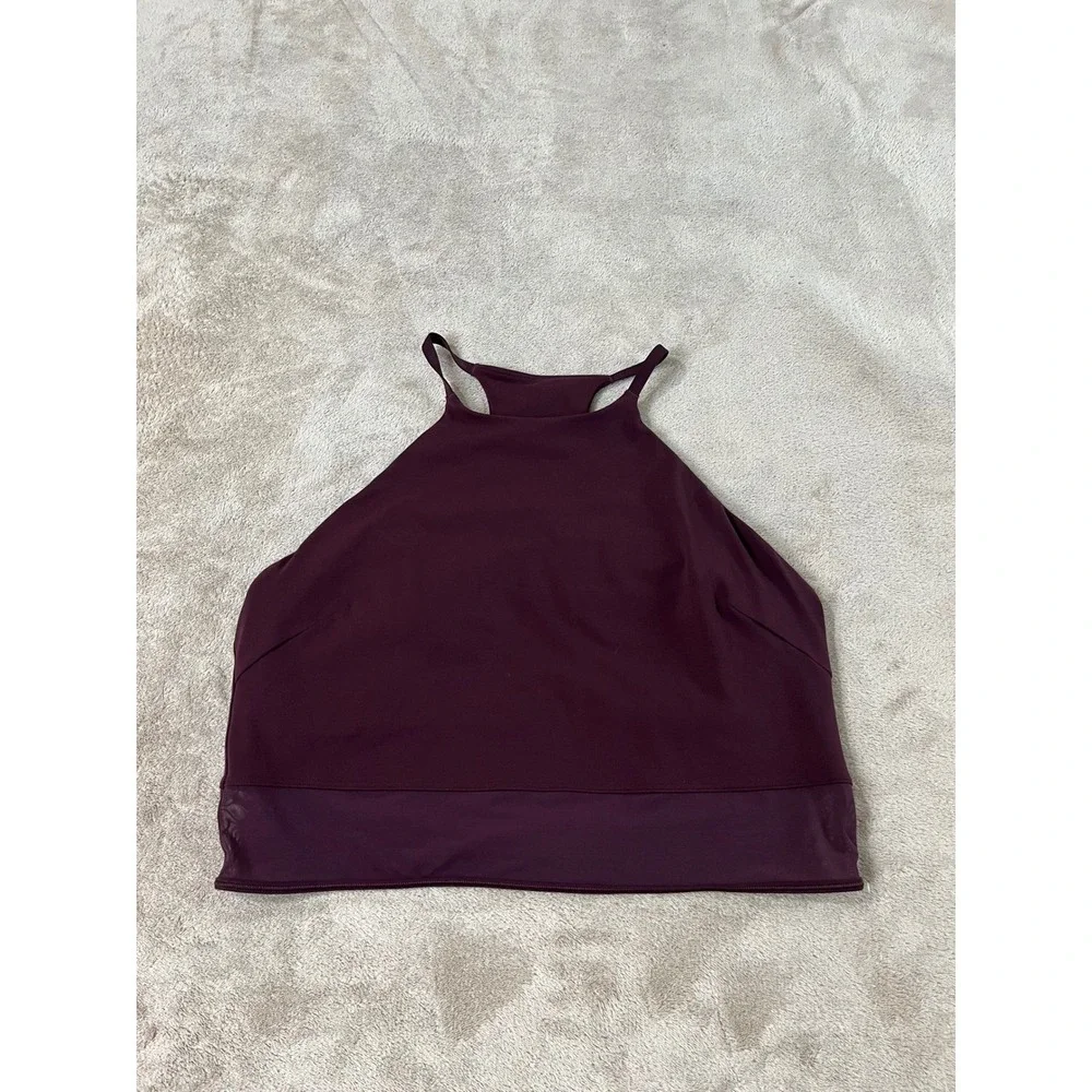 Lululemon High Neck Racerback Tank Top Shelf Bra Women XL Burgundy Mesh Hem EUC